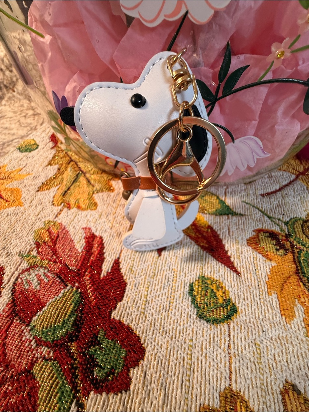 White Dog Keychain with Gold Ring and Brown Collar